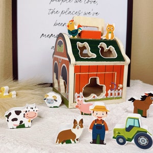 Personalized Wooden Sorting Barn - Sorting Toy For Babies - Sorting Toy For Toddlers - Wooden Ranch Toy With Farmer Tractor And Animals