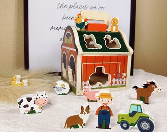 Personalized Wooden Sorting Barn - Sorting Toy For Babies - Sorting Toy For Toddlers - Wooden Ranch Toy With Farmer Tractor And Animals