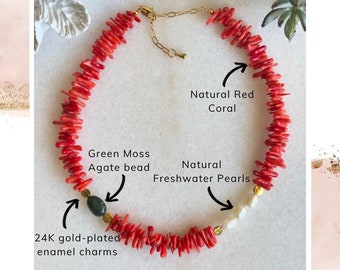 Collar de cuentas de coral rojo: ágata musgosa, perlas de agua dulce, chapado en oro de 24 quilates