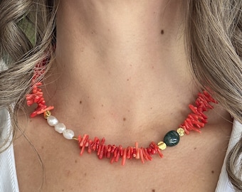 Collar de coral rojo, perla y ágata musgosa - Baño de oro de 24 quilates