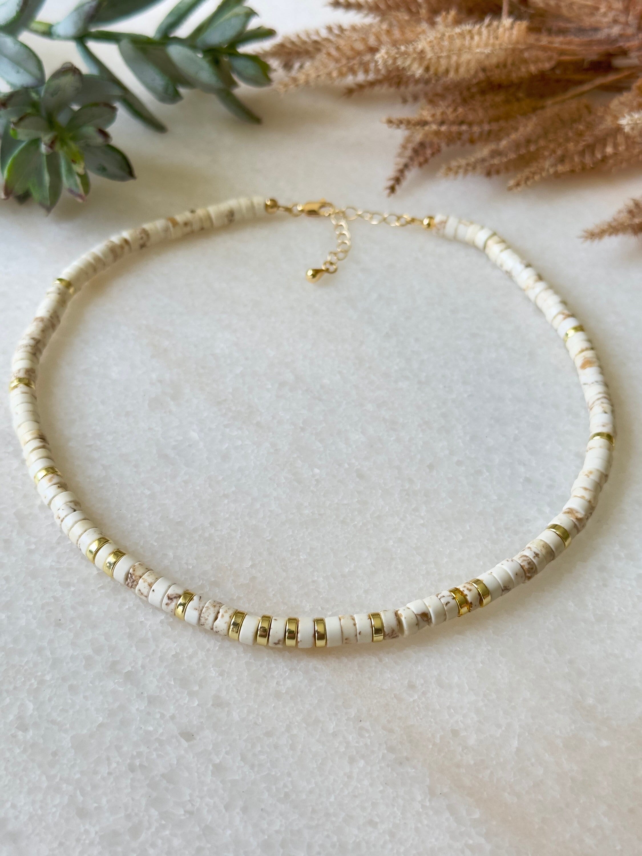 24K Gold Plated White Turquoise Heishi Necklace: Natural Stone Jewelry