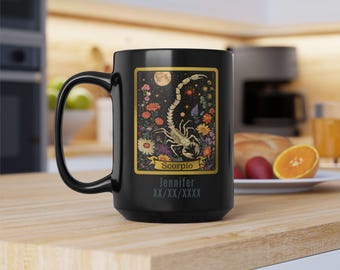Caneca de Escorpião, xícara de café preta de 15 oz, zodíaco, amantes da astrologia, tema de Escorpião, copo decorativo exclusivo, personalizável