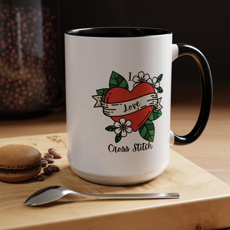 I Love Cross Stitch Coffee Mug, Stitchy Mug, Cross Stitch Mug, Love Cross Stitch, Cross Stitch Drinkware image 1