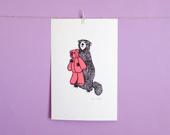 Marmot with bear - original linocut print