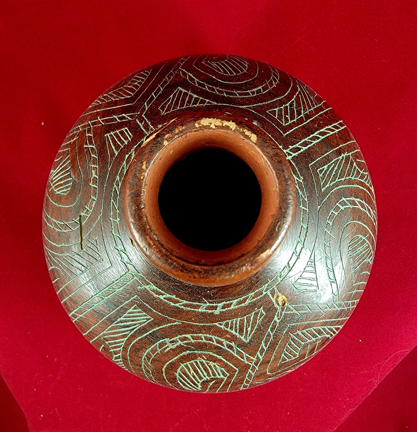 Vintage Brazilian Pottery Vase Amazonian Lacquered and Hand Etched