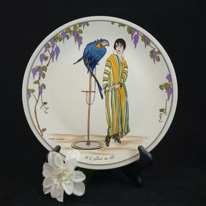 Vintage Villeroy & Boch Design 1900 10 3/8&quot; Dinner Plate Lady in Stripes with Parrot #2 Art Nouveau Design