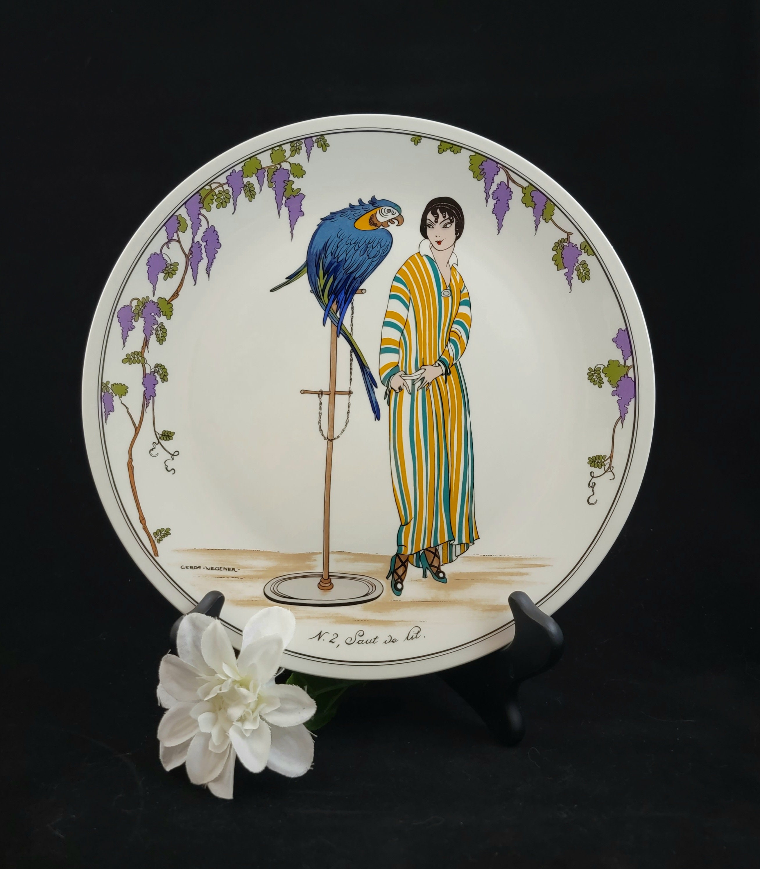 Vintage Villeroy & Boch Design 1900 10 3/8 Dinner Plate Lady in Stripes  With Parrot 2 Art Nouveau Design 