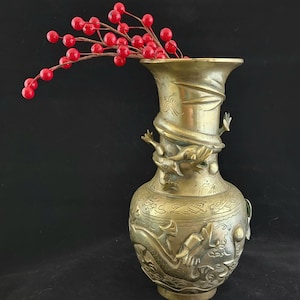 Large Heavy Brass Chinese Vase - A Sea Dragon Chases a Pearl Early 20th Century