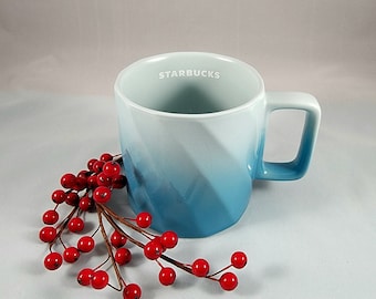 New Starbucks Spiral embossed Ceramic Mug Light Blue to Dark Blue Ombre