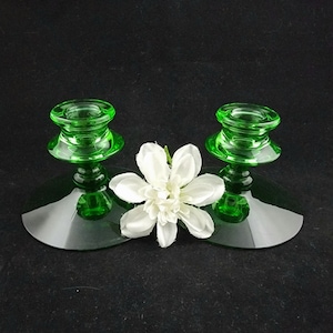 1930s Green Vaseline Glass Candlestick Holders Uranium Glass set of 2