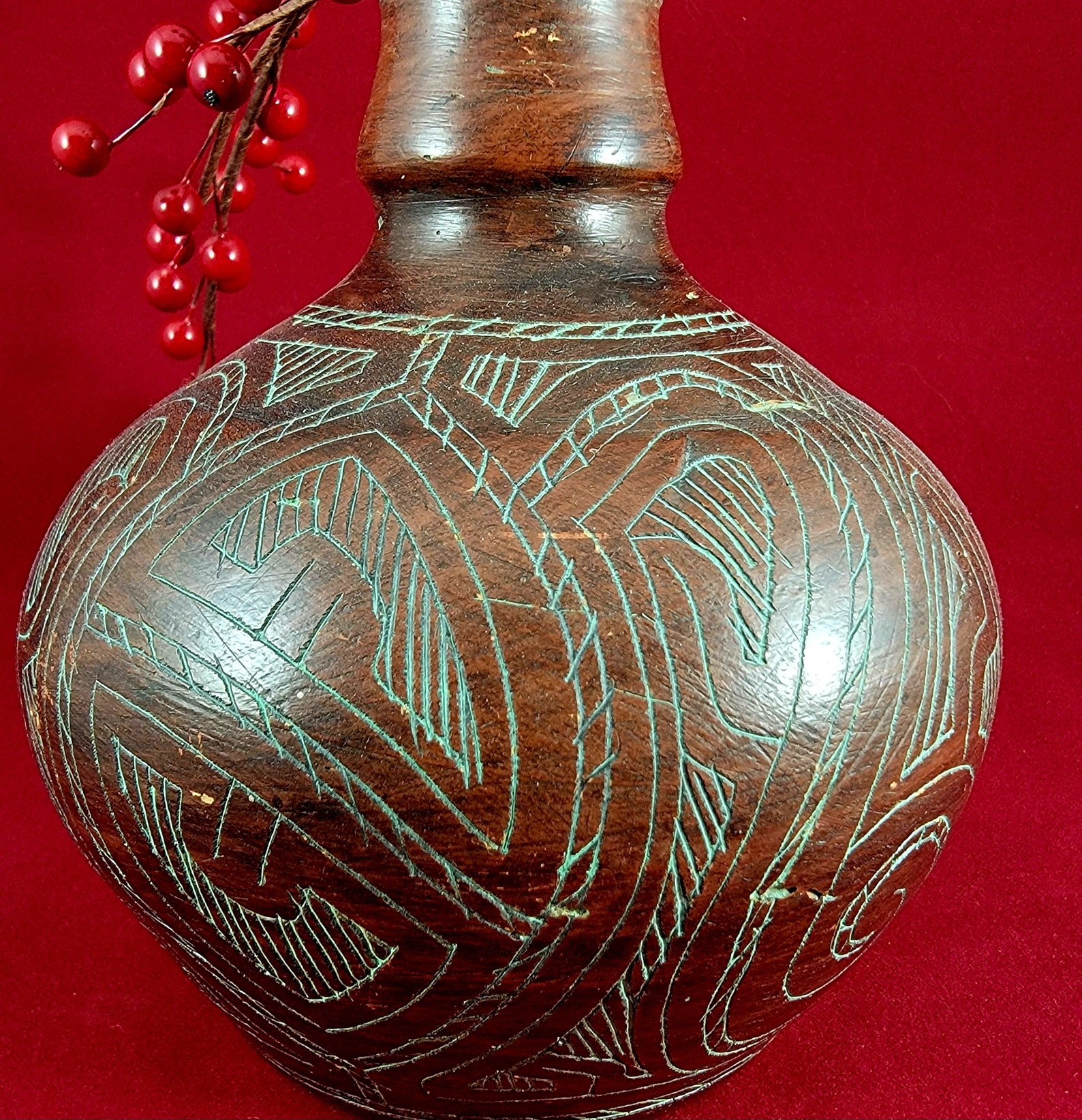 Vintage Brazilian Pottery Vase Amazonian Lacquered and Hand Etched