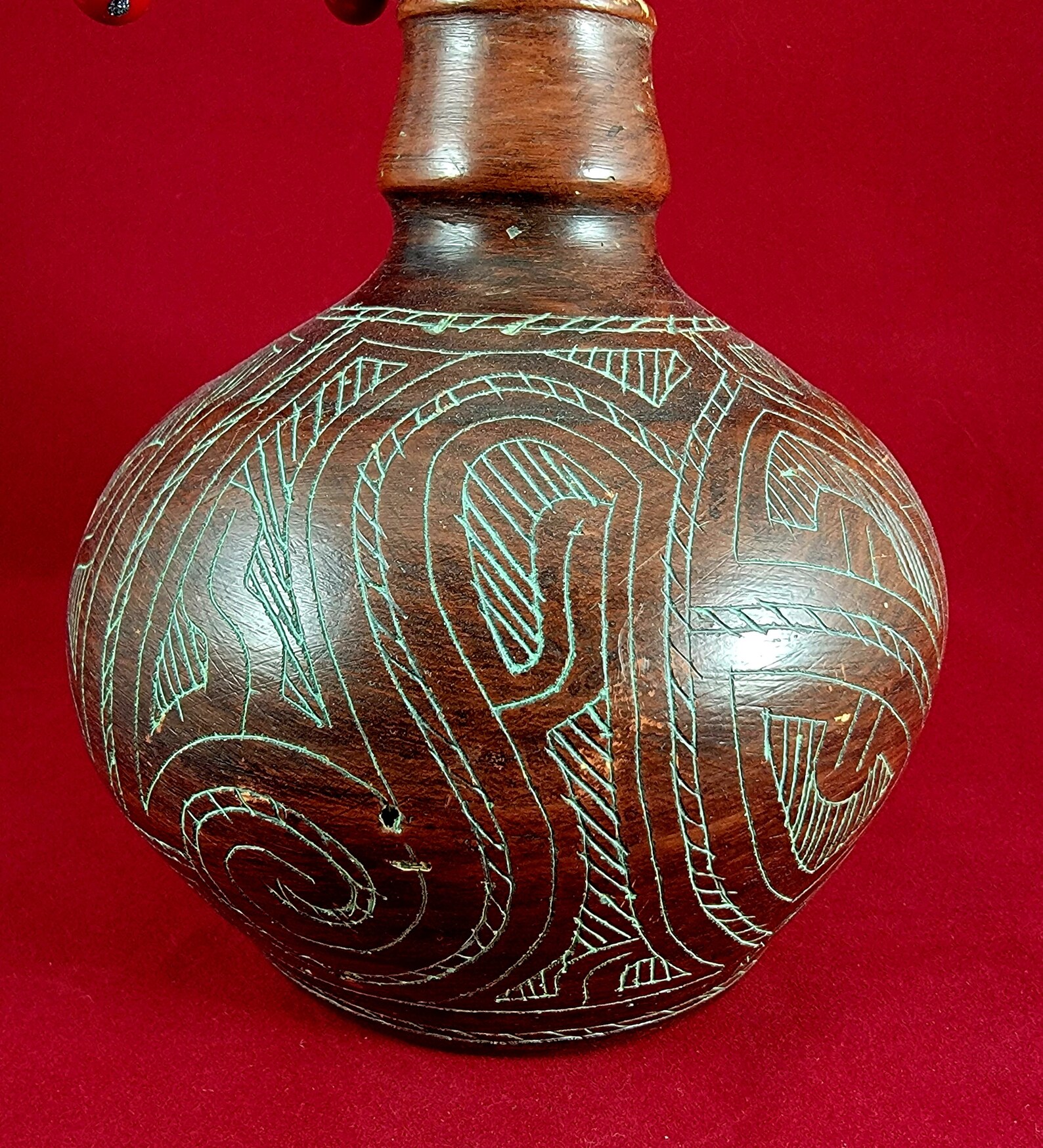 Vintage Brazilian Pottery Vase Amazonian Lacquered and Hand Etched