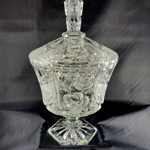 Lidded Rose Embossed Pedistal Crystal Candy Dish Compote