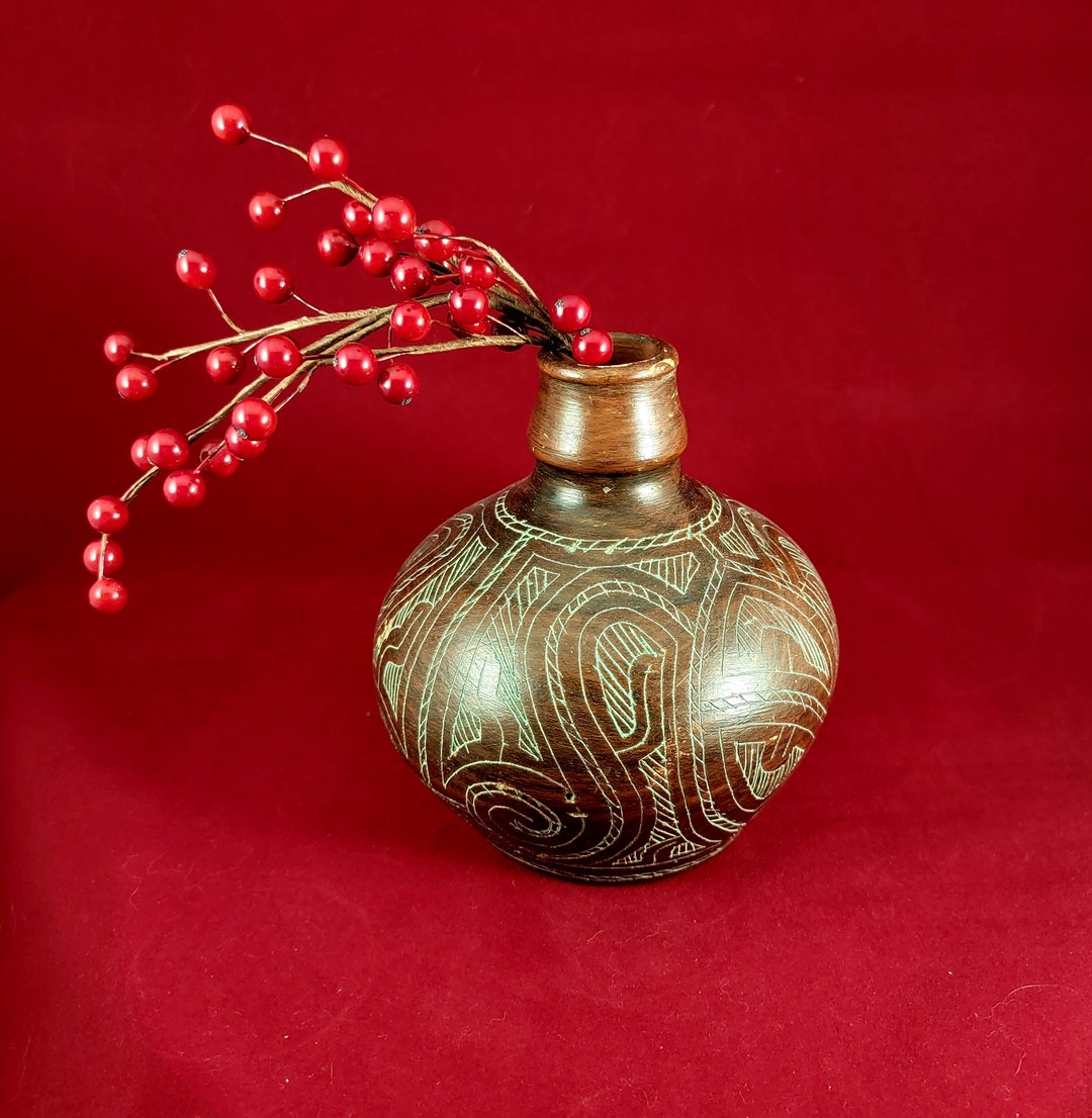 Vintage Brazilian Pottery Vase Amazonian Lacquered and Hand Etched