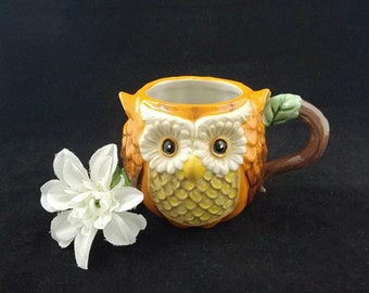 Orange Pumpkin Owl Mug, Cracker Barrel, Branch Handle, Brown Wings, Round Shape, Halloween, Fall Season, Coffee, Tea, Hot Chocolate