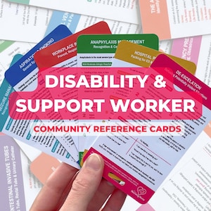 May include: A hand holds a stack of pink and red reference cards with the title "Disability & Support Worker Community Reference Cards". The cards are part of a larger set of cards with various topics, including "Seizure Management", "Aspiration & Choking", "Workplace Injuries", "Anaphylaxis Management", "Hospital Packing for ED", "Emergency Pregnancy & Obstetrics", and "De-escalation & Potentially Violent Situations".