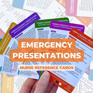 Emergency Presentations Nurse Reference Cards, Common ED Presentations, Nursing School, New Grad, Student Nurse, ICU, ED, Critical Care