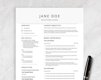 May include: A professional resume template for a registered nurse, featuring a clean, modern design with sections for contact information, career objective, key skills, work experience, and education. A black pen rests on the right side.