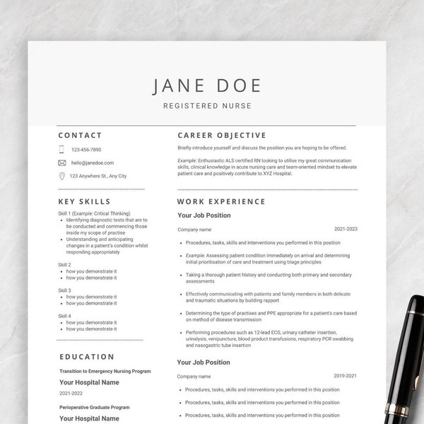 Nurse Resume and Cover Letter Customisable Canva Template, New Grad Student Resume, Cover Letter for Doctors, RN, CNA, Graduates, Healthcare