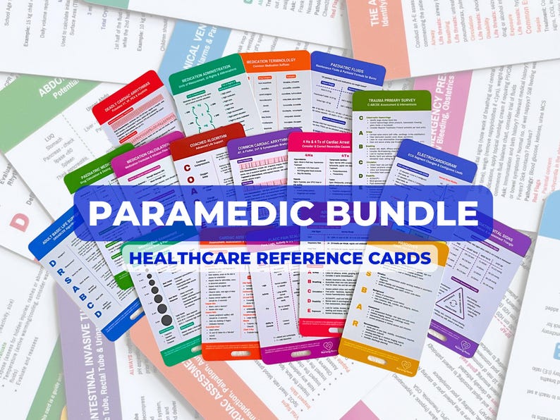 May include: A collection of healthcare reference cards, featuring the text "PARAMEDIC BUNDLE" and "HEALTHCARE REFERENCE CARDS". The cards are in various colors, including red, green, and orange, with detailed medical information and diagrams.