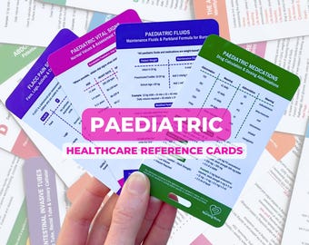 May include: A set of colorful laminated reference cards for pediatric healthcare professionals. The cards feature titles such as "Paediatric Vital Signs", "Paediatric Fluids", and "Paediatric Medications".