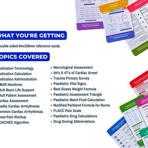 May include: Reference cards for medical professionals. The cards are double-sided and measure 64x108mm. Topics covered include medication, cardiac assessment, and pediatric care. The text "WHAT YOU'RE GETTING" and "TOPICS COVERED" are visible.