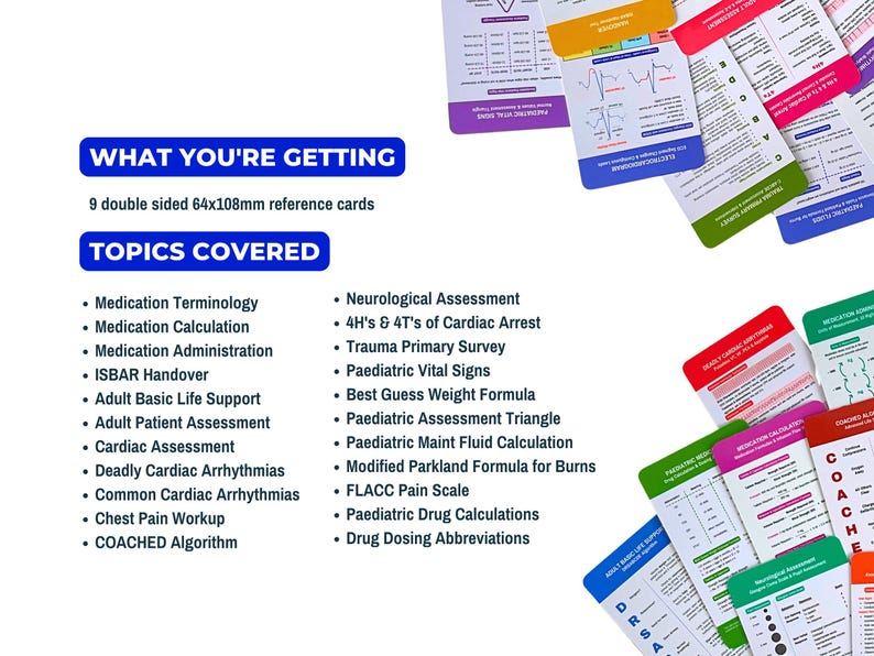 May include: Reference cards for medical professionals. The cards are double-sided and measure 64x108mm. Topics covered include medication, cardiac assessment, and pediatric care. The text "WHAT YOU'RE GETTING" and "TOPICS COVERED" are visible.