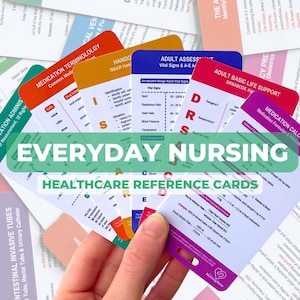 May include: A selection of healthcare reference cards covering medical topics such as medication and vital signs. The cards, held in a hand, display text and come in various colours. The words "EVERYDAY NURSING" are featured prominently on the cards.