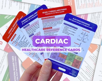 May include: A set of colorful reference cards for healthcare professionals, featuring the word "CARDIAC" in a purple banner. The cards cover topics such as common cardiac arrhythmias, deadly cardiac arrhythmias, electrocardiogram, and ECG segment changes. The cards are held in a hand.