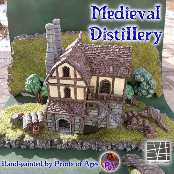 Mittelalterliche Brennerei 3D-Druck, Brauerei, Wirtshaus Bar, Baugelände, Tabletop-Miniatur, D & D DnD, 28 mm 32 mm, TTRPG-Modell, Kampf spielbar