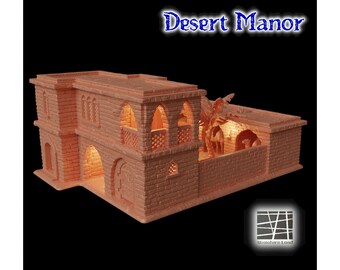 Desert Manor Model, Sandy Estate Miniature, Eastern Home Building, Palm Tree Plaza, Tabletop Sandstone House