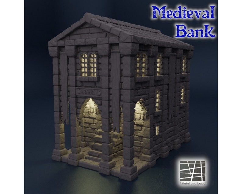 May include: A miniature stone building with a sign that reads "BANK" above the entrance. The building has arched windows and a stone roof. The building is lit from within, giving it a warm glow.
