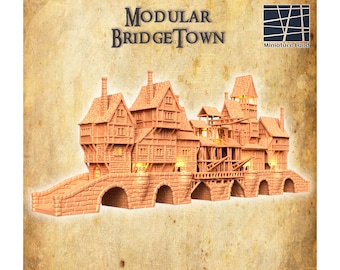 Bridge Town Buildings Set 3D Print, Modular, 28mm Terrain, Lake, Model, Dungeons and Dragons, Painted, Tabletop Miniatures, TTRPG, Game