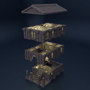 May include: A 3D printed model of a stone building, disassembled into four sections, showing the interior rooms and details. The model is made of a light gray material and has a textured surface.