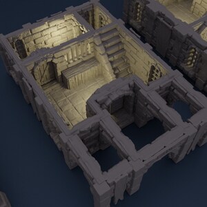 May include: A 3D printed model of a stone building interior with a staircase, a doorway, and a room with a wooden table. The model is designed for tabletop gaming.