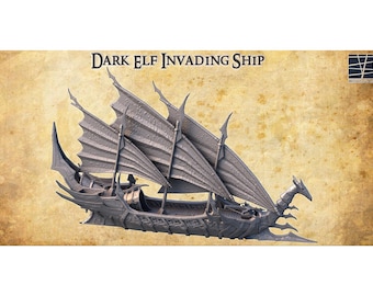 Dark Elf Invading Ship Model, Night Elven Boat Miniature, Black Sprite Craft, Tabletop Sailing Ship, 28mm, 32mm, 15mm, HO scale, D&D Terrain