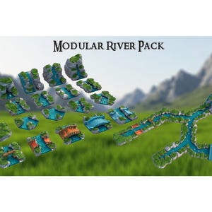 May include: A collection of miniature river terrain pieces for tabletop gaming. The set includes various river sections, waterfalls, and bridges, all with a detailed, realistic design. The pieces are primarily blue, green, and gray, with the text "Modular River Pack".