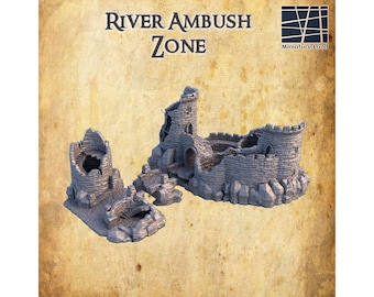 River Ambush Zone Model, Castle Ruins Miniature, Ruined Tower Building, Tabletop Destroyed Castle, 28mm, 32mm, 15mm, HO scale, D&D Terrain