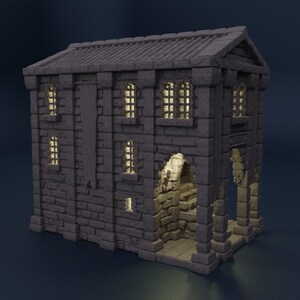 May include: A gray stone building with a banner hanging on the side. The building has multiple windows and a large arched doorway. The building is lit from inside, casting a warm glow.