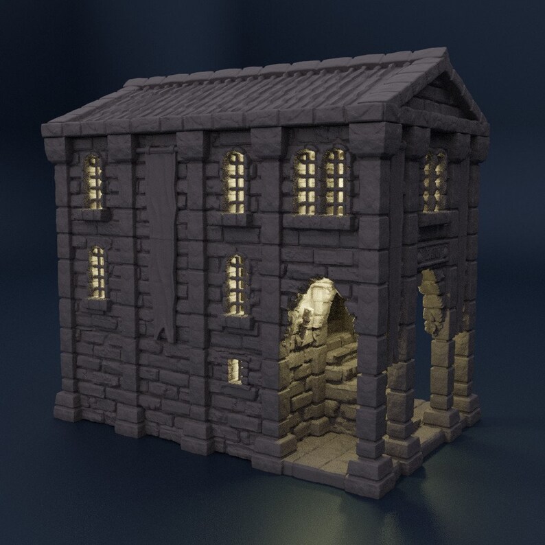 May include: A gray stone building with a banner hanging on the side. The building has multiple windows and a large arched doorway. The building is lit from inside, casting a warm glow.