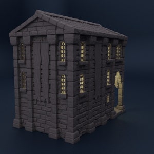 May include: A gray stone building with multiple windows and a large doorway. The building has a simple design and is lit from within.