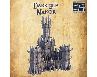 Dark Elf Manor Miniature, Night Sprite Castle Model, Elven Shadow Fort Base, Black Elf Fortress Terrain, 28mm Terrain, 32mm, 15mm, HO scale