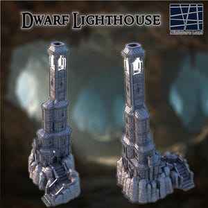 May include: Two gray Dwarf Lighthouses with detailed stonework and a light source at the top. The lighthouses are built on rocky bases with stairs. The text "Dwarf Lighthouse" is at the top.