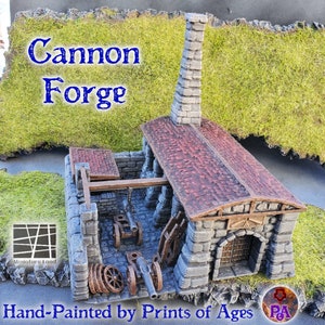 May include: Hand-painted miniature model of a stone building with a red tiled roof. The building is labeled "Cannon Forge" and has a chimney. The building is surrounded by green grass and rocks. The model is made by Prints of Ages.