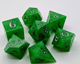 Silvered Green - 7 Piece Handmade Resin Sharp Edge Dice Set