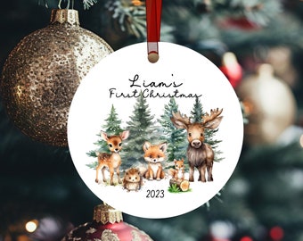 Personalized Baby's First Christmas Ornament 2024 Woodland Animals, Custom Baby Name Ornament Forest Animals 1st Christmas New Baby Keepsake