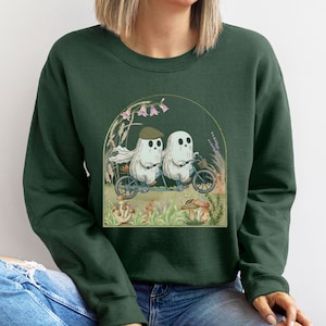 Frog and Toad Sweatshirt, Ghost Riding Bicycle Retro Halloween Shirt, Cottagecore Aesthetic Biking Vintage Classic Book Lover Light Academia