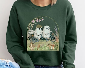 Frog and Toad Sweatshirt, Ghost Riding Bicycle Retro Halloween Shirt, Cottagecore Aesthetic Biking Vintage Classic Book Lover Light Academia