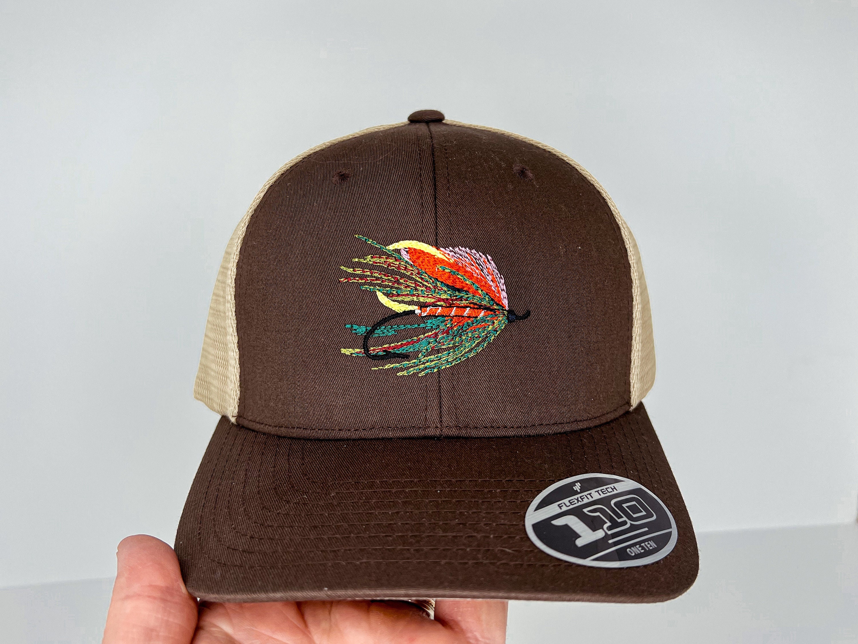 Fishing Fly Brown/khaki Flexfit Mesh Back 110M Custom Trucker Hat 