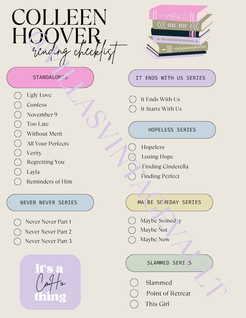Colleen Hoover Reading Checklist | Booktok Reading Checklist ...